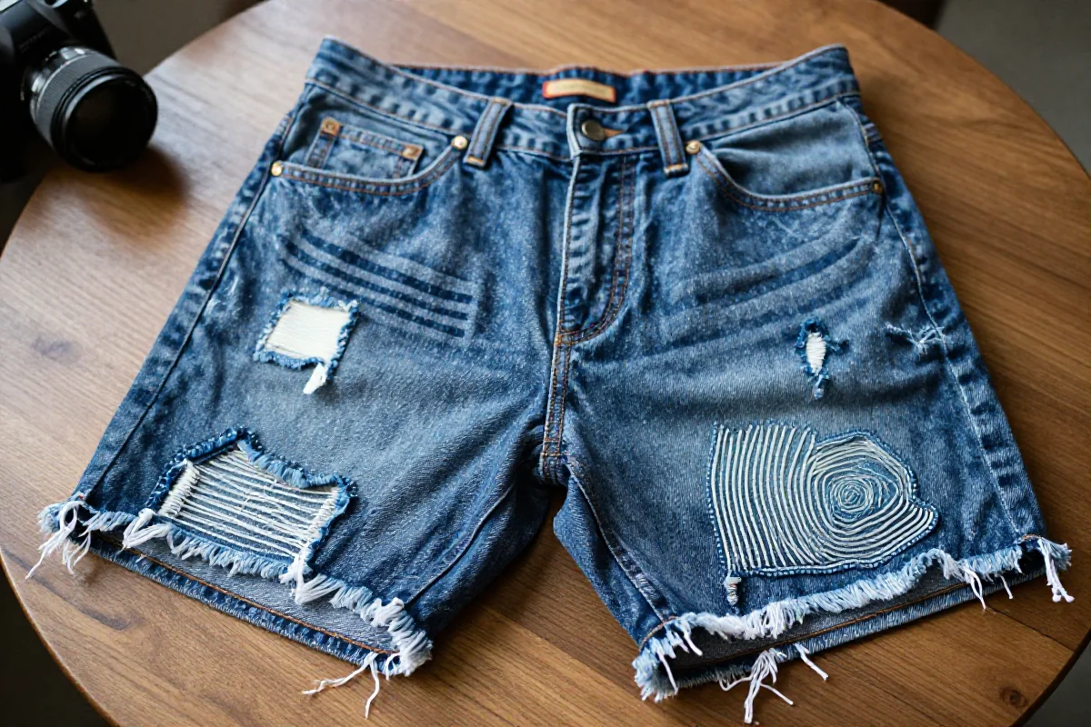 Przerobione szorty jeansowe z dekoracyjnymi elementami i postrzępionymi brzegami.