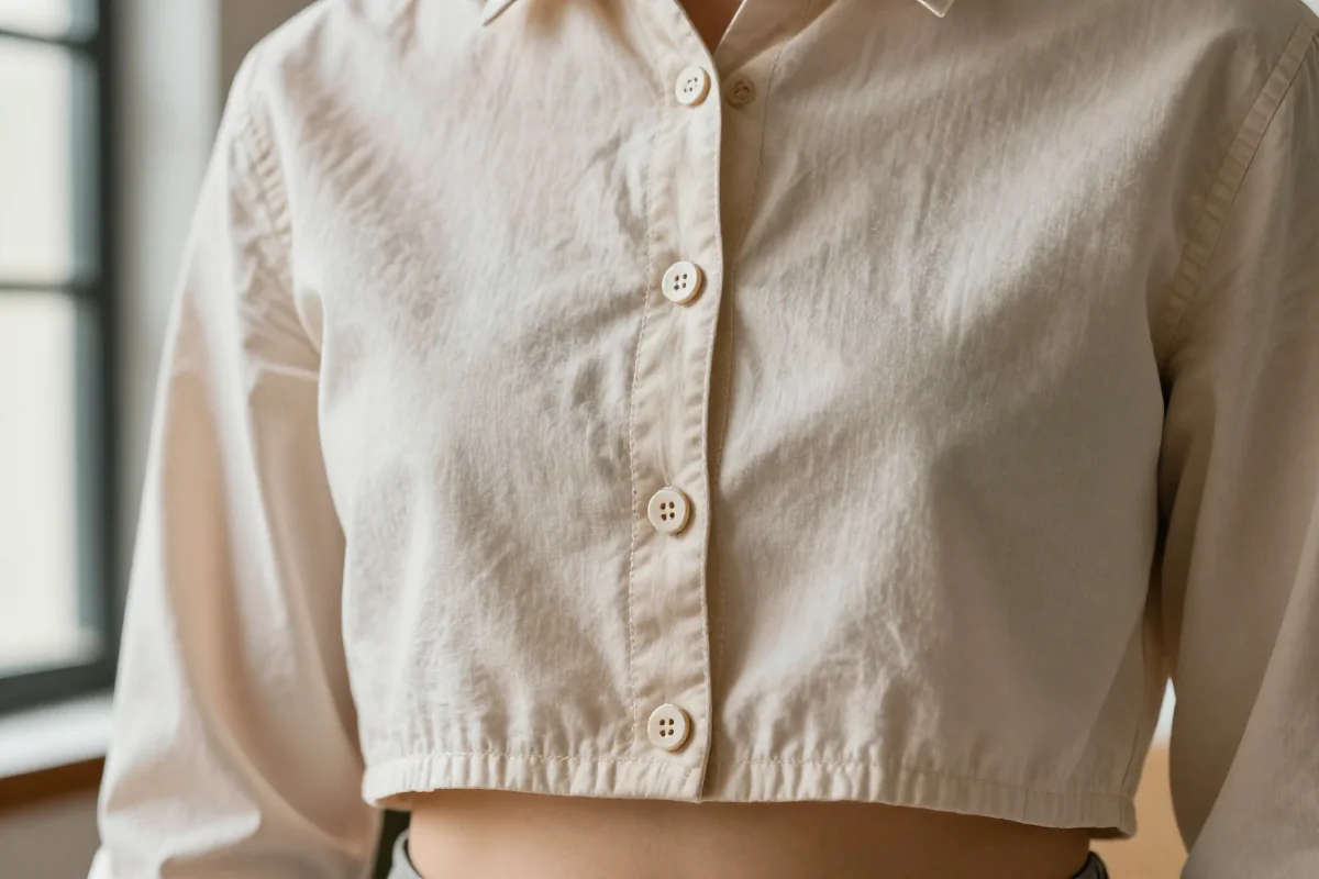 Przekształcony crop top z koszuli męskiej, naturalna tkanina, moda DIY.