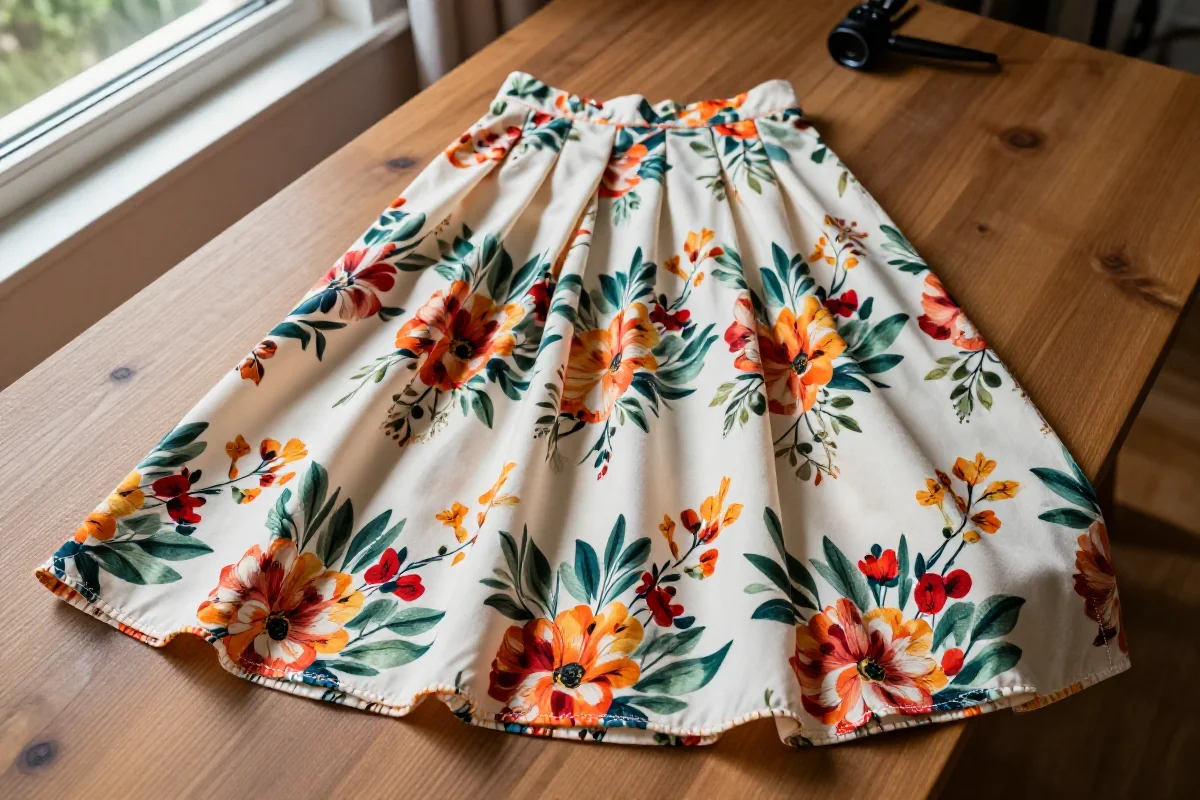 Stylowa spódnica z przerobionej sukienki na drewnianym stole.