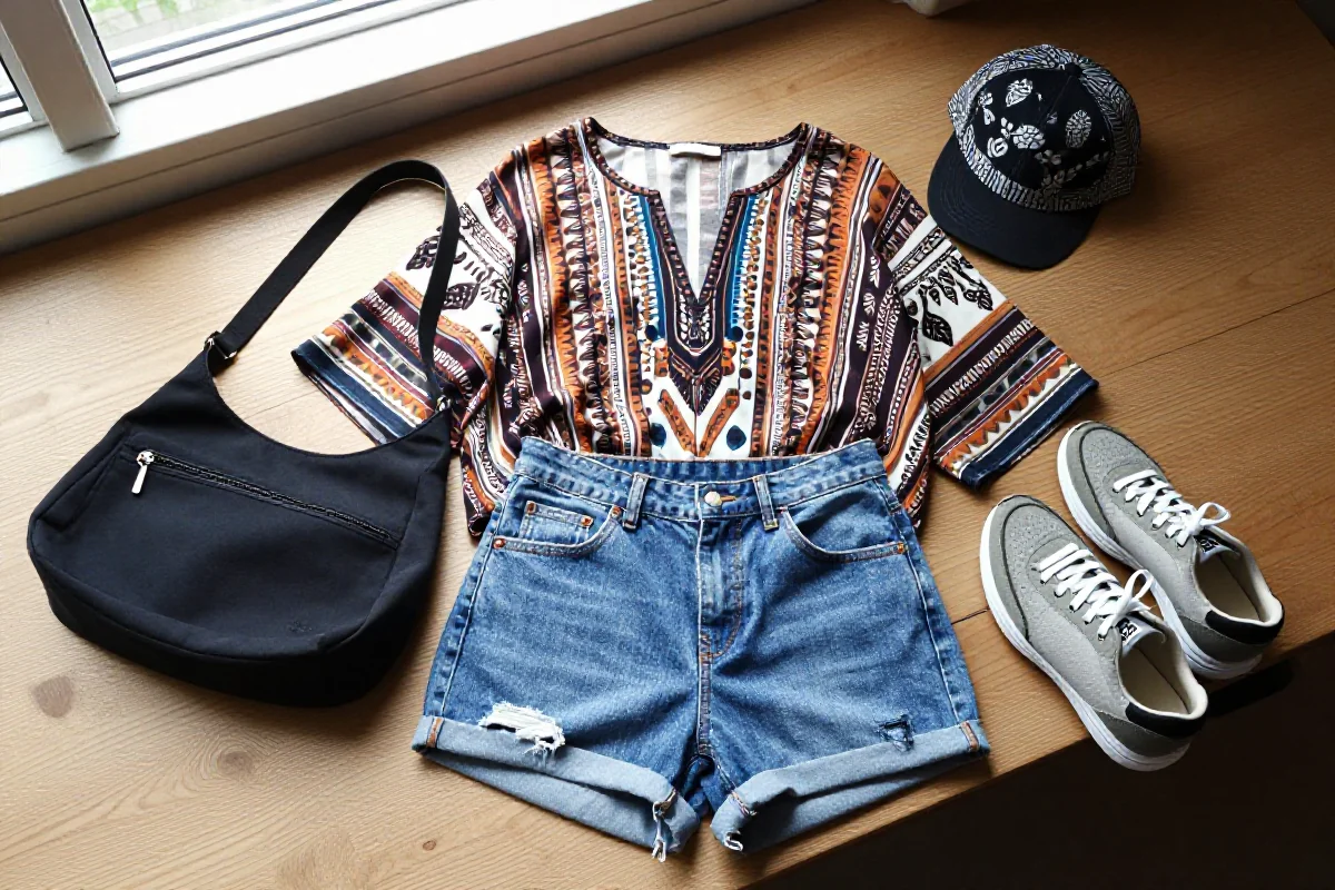 Stylizacja Urban Boho z dżinsowymi szortami i etniczną bluzką na drewnianej powierzchni.