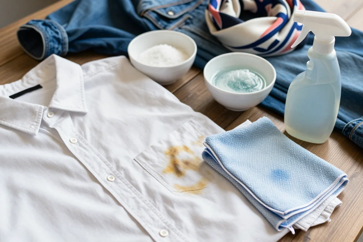 Zbliżenie na tkaniny z plamami i środki czyszczące do usuwania plam.