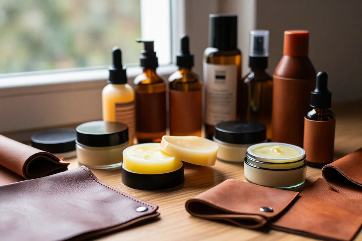 Zbiór preparatów do pielęgnacji skóry i zamszu na drewnianej powierzchni.