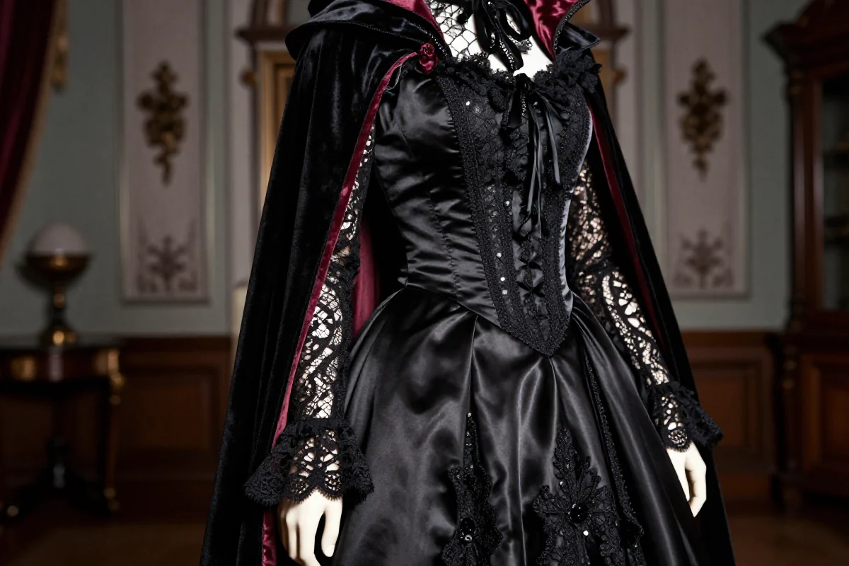Stylizacja Victorian Gothic z czarną satynową suknią i koronkowymi detalami.