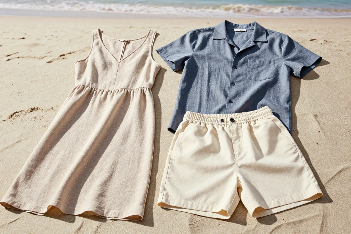 Wakacyjna garderoba podróżna: sukienka, szorty i koszula na plaży.