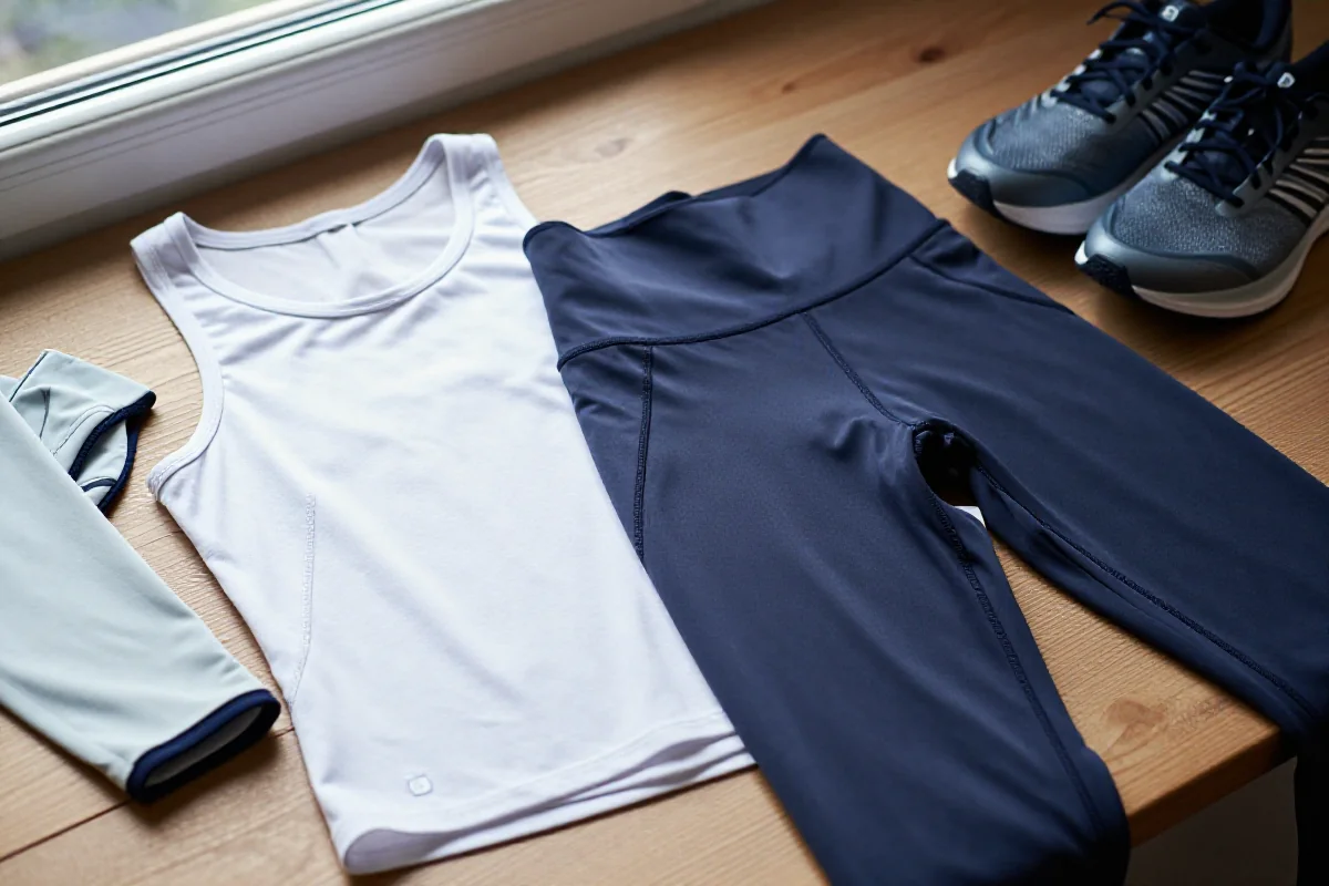 Stylowy zestaw odzieży sportowej na weekend, legginsy i bluzka na drewnianym tle.