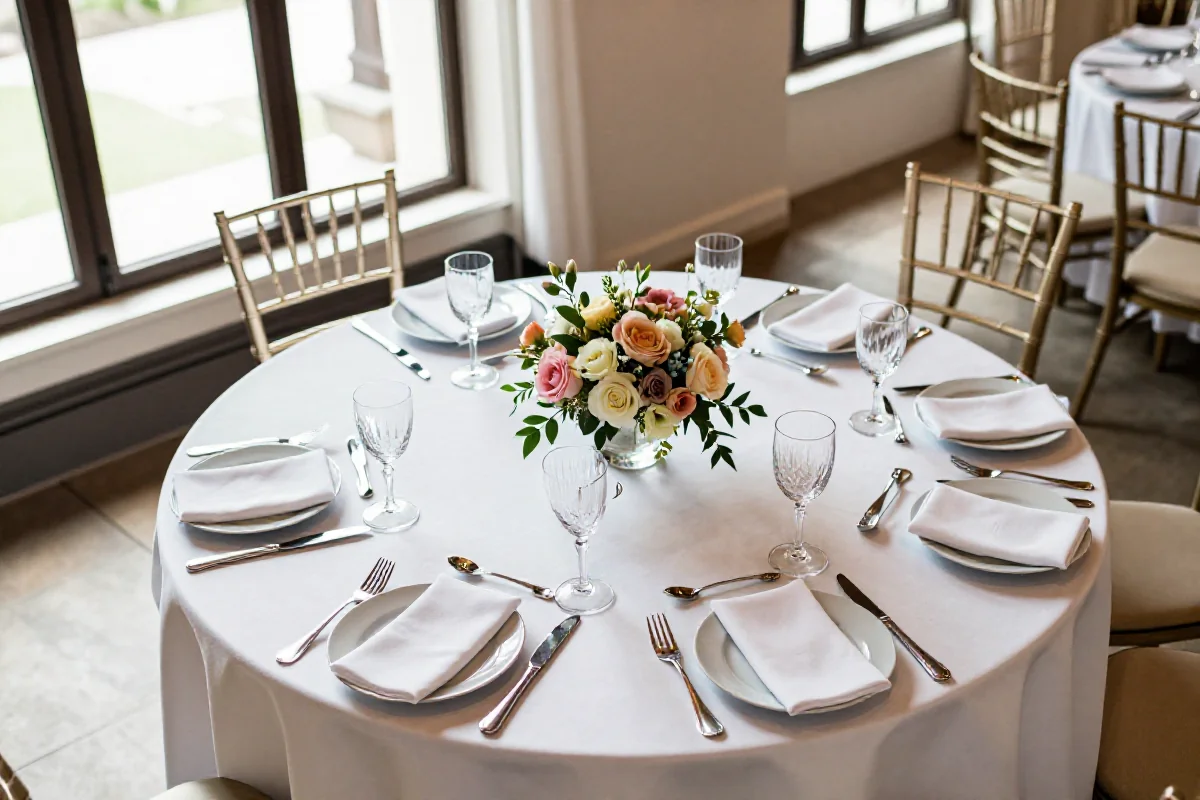 Eleganckie ustawienie stołu na klasyczne wesele z kwiatami i elegancką zastawą.