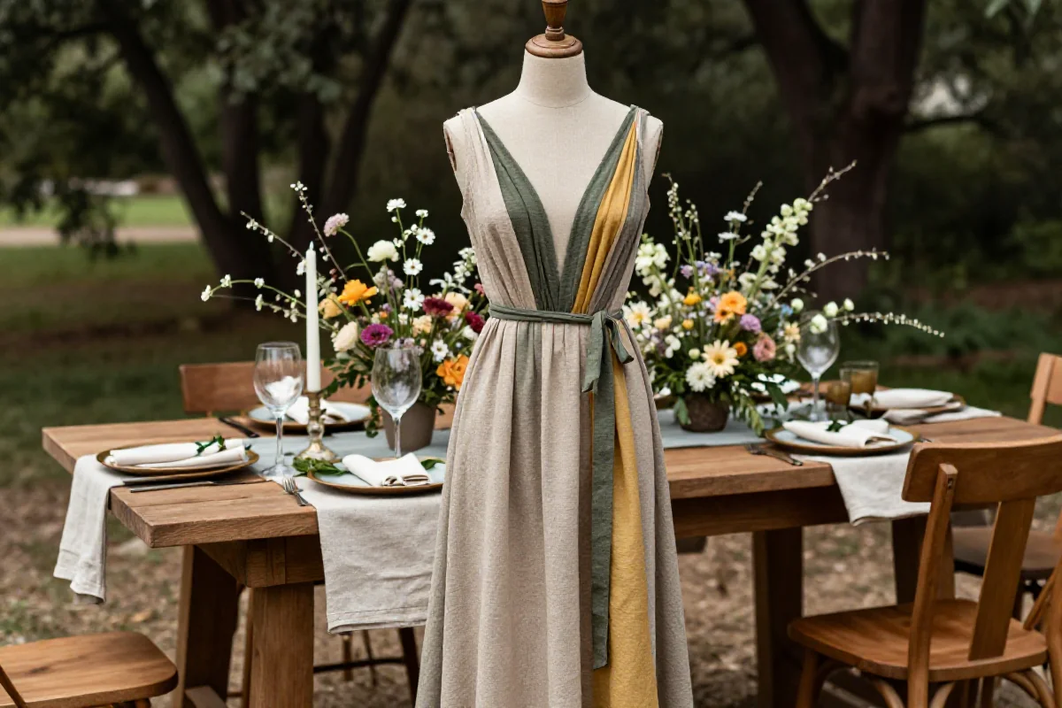 Rustykalne wesele z boho suknią w naturalnych kolorach i dekoracjami.