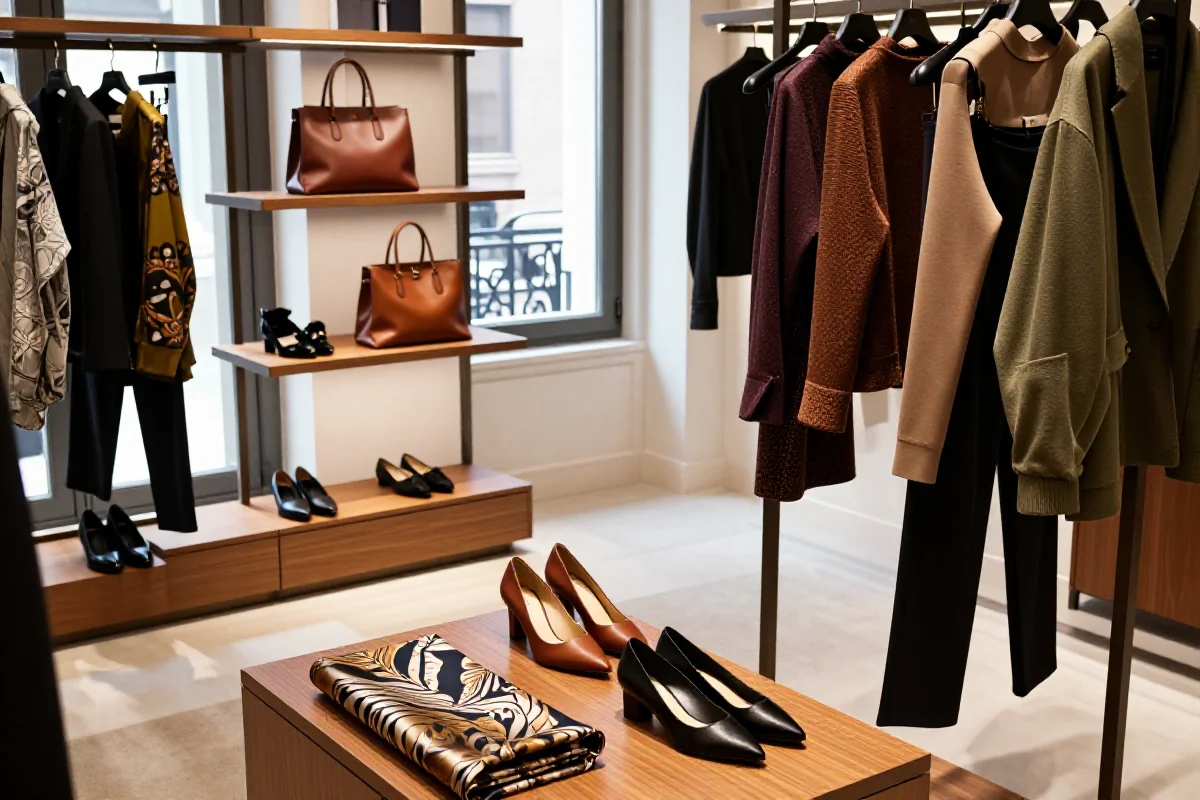 Wnętrze luksusowego włoskiego butiku mody z eleganckimi ubraniami i akcesoriami.