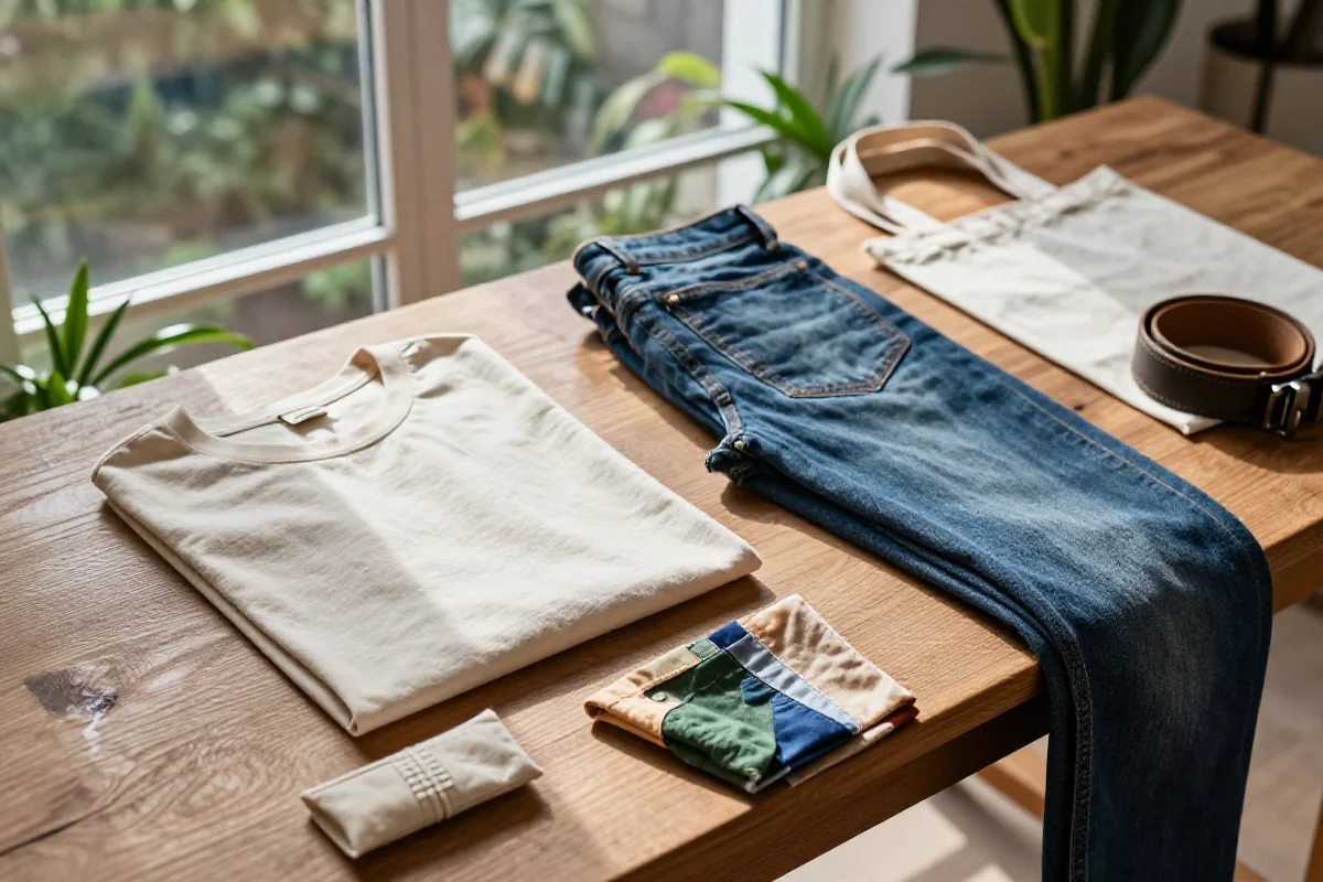 Zrównoważona moda: kolekcja ekologicznych ubrań na drewnianym stole.