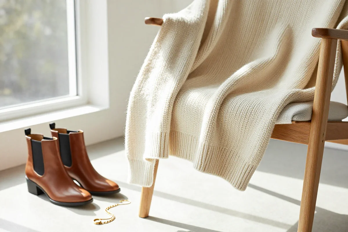 Stylowy sweter z wełny i skórzane botki w jasnym wnętrzu