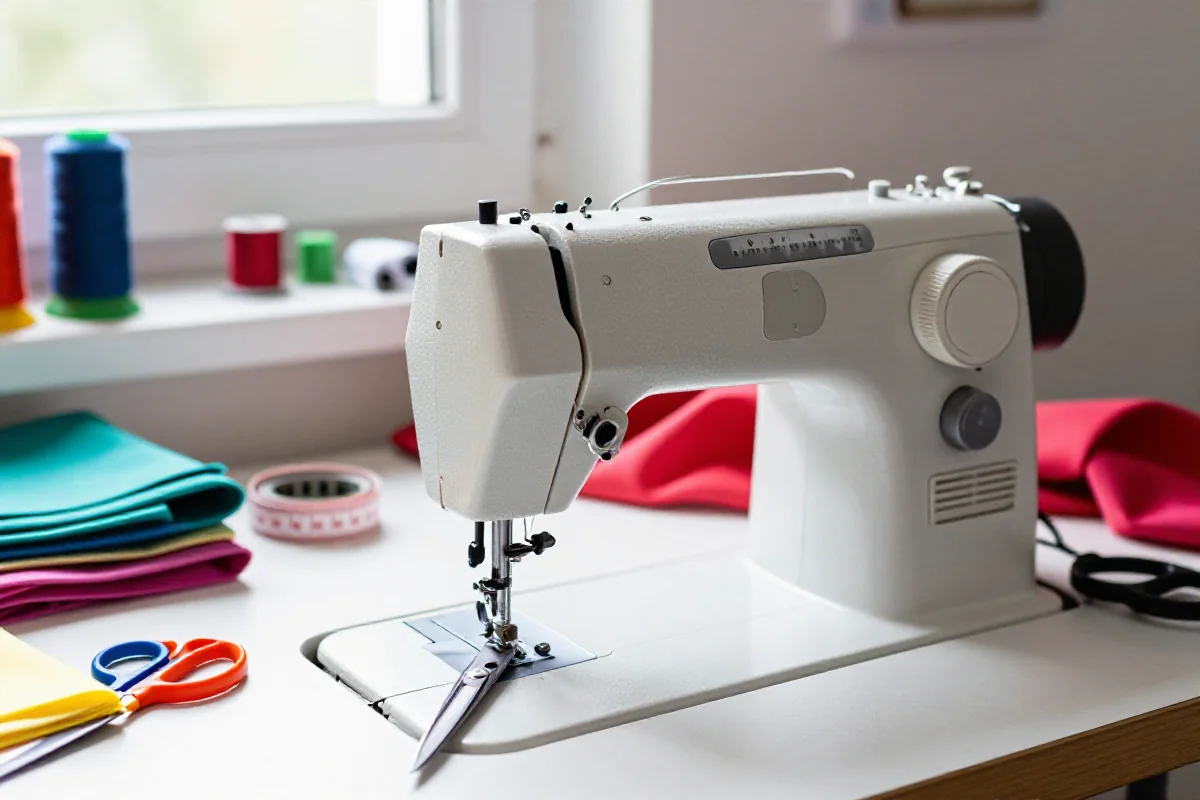 Maszyna do szycia w jasnym otoczeniu z kolorowymi materiałami i akcesoriami