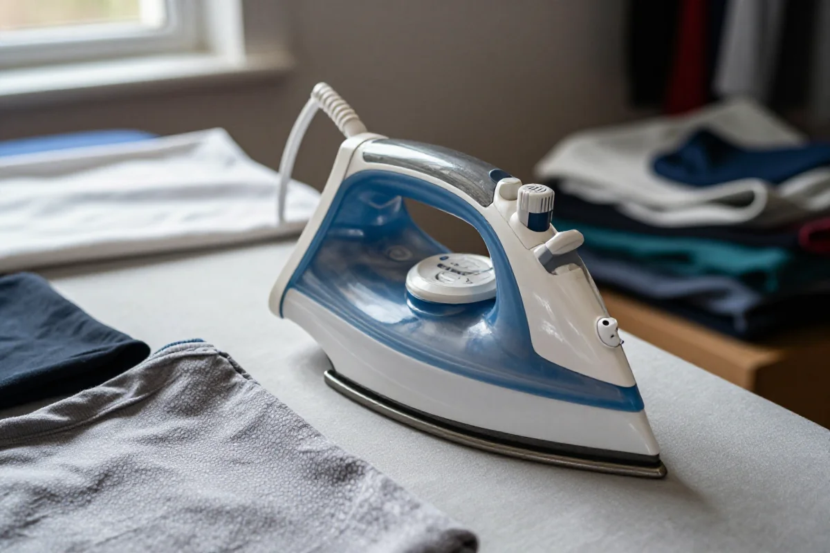 Tradycyjne żelazko na desce do prasowania wśród ubrań i tkanin.