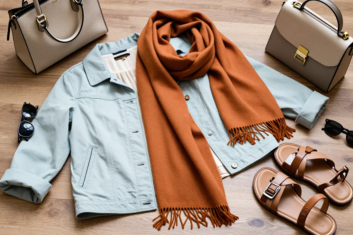 Stylowe ubrania sezonowe na drewnianym tle, idealne na wyprzedaże