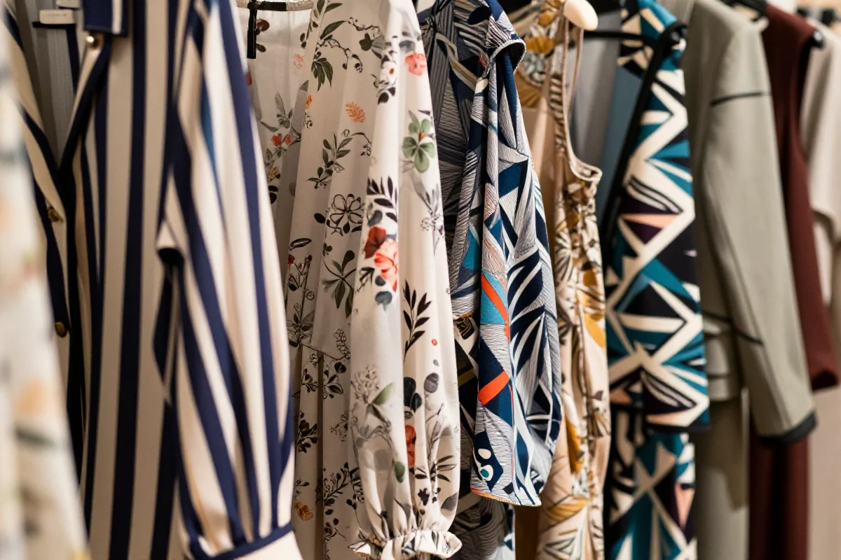 Wzory geometryczne i kwiatowe w modzie damskiej na tle neutralnym.