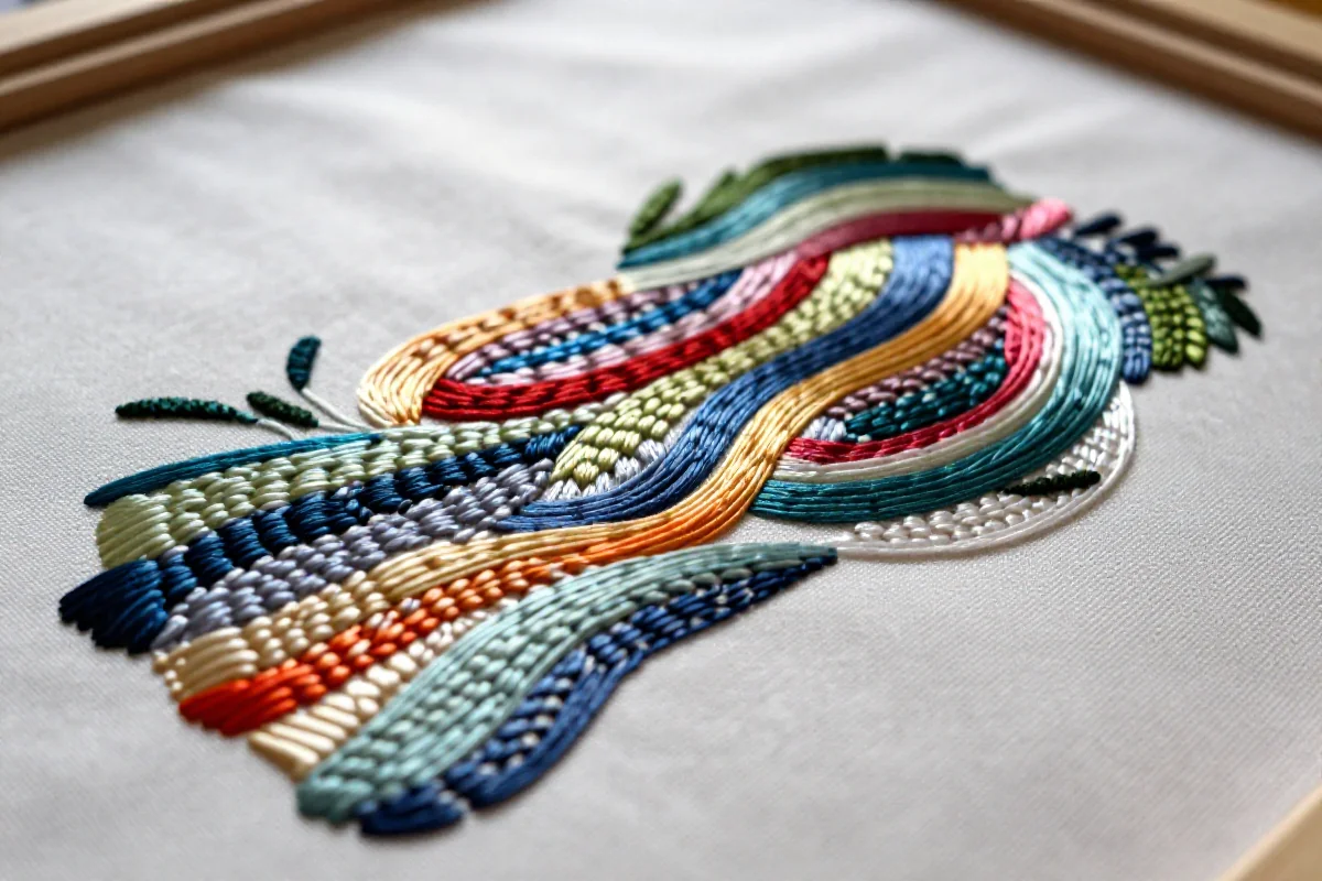 Zaawansowane techniki haftu na tkaninie, ukazujące trójwymiarowe ściegi.