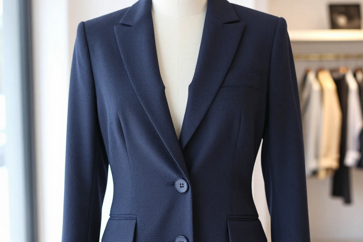 Stylowy żakiet damski w głębokim granatowym kolorze, idealny do eleganckich stylizacji.