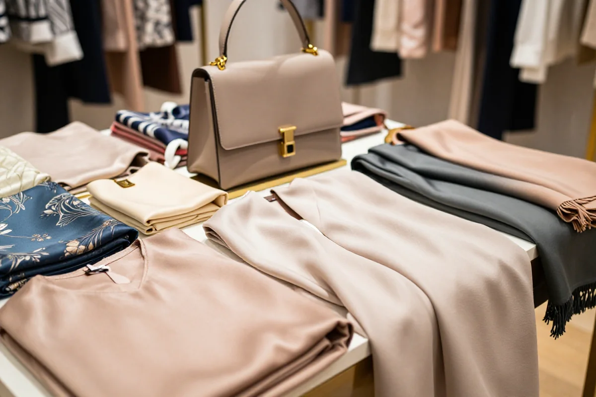 Eleganckie ubrania premium w sklepie outletowym, różnorodność tkanin i akcesoriów.