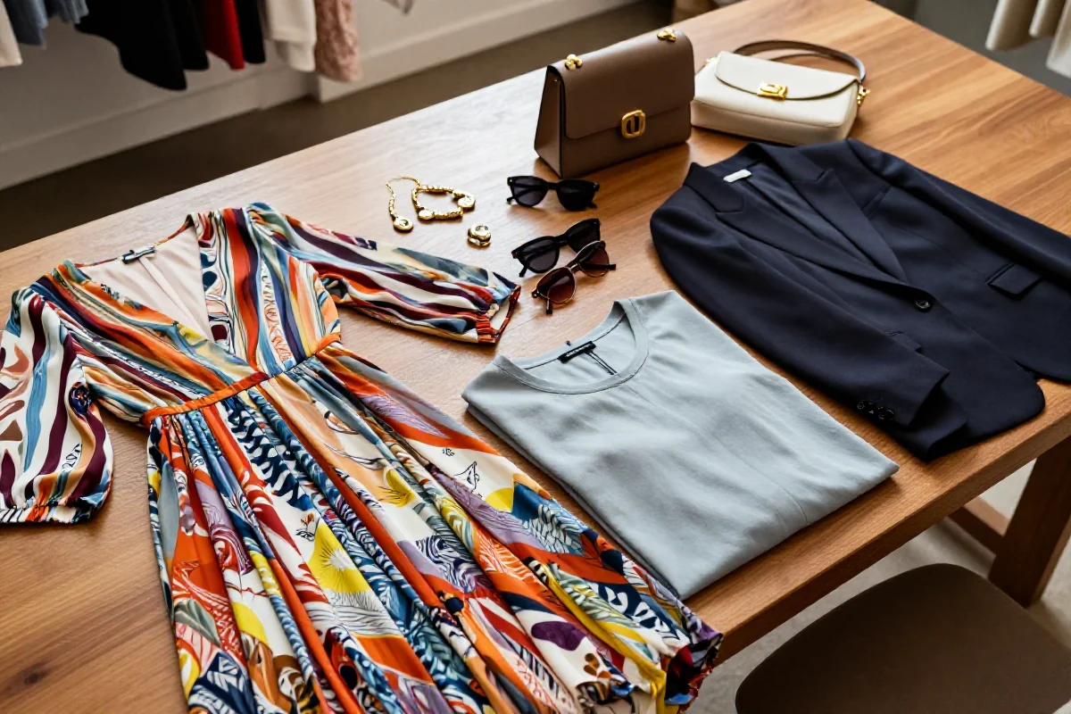 Stylowe ubrania i akcesoria na drewnianym stole, modowa oferta online.