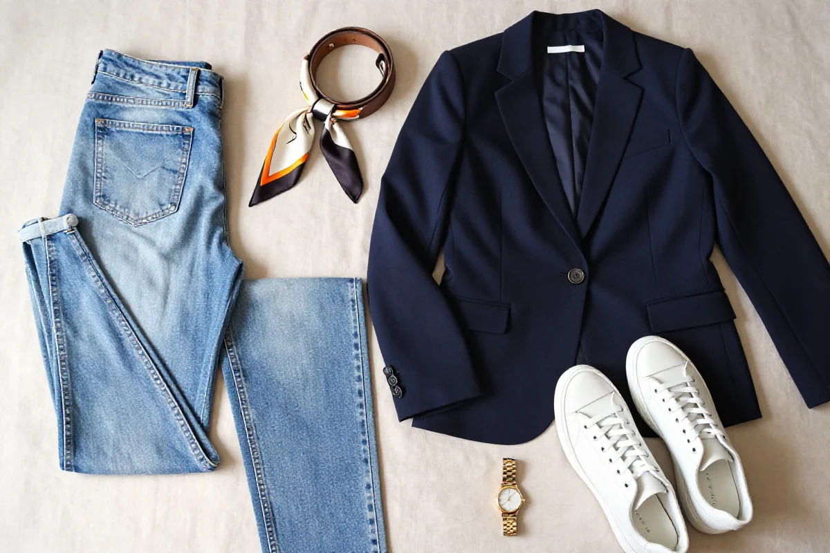 Stylowe połączenie klasycznego garnituru i sportowych sneakersów na tle tkaniny.