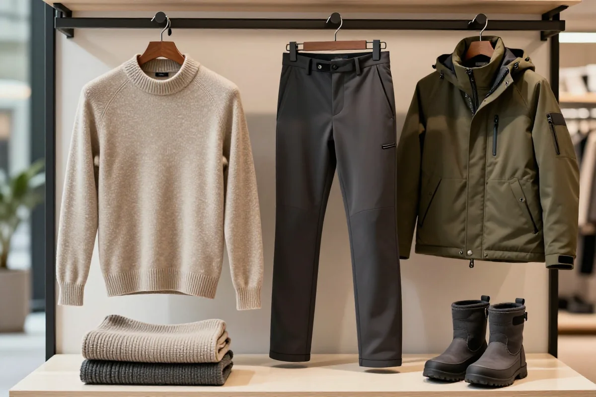 Minimalistyczna zimowa garderoba z ciepłymi swetrami i klasycznymi kurtkami.
