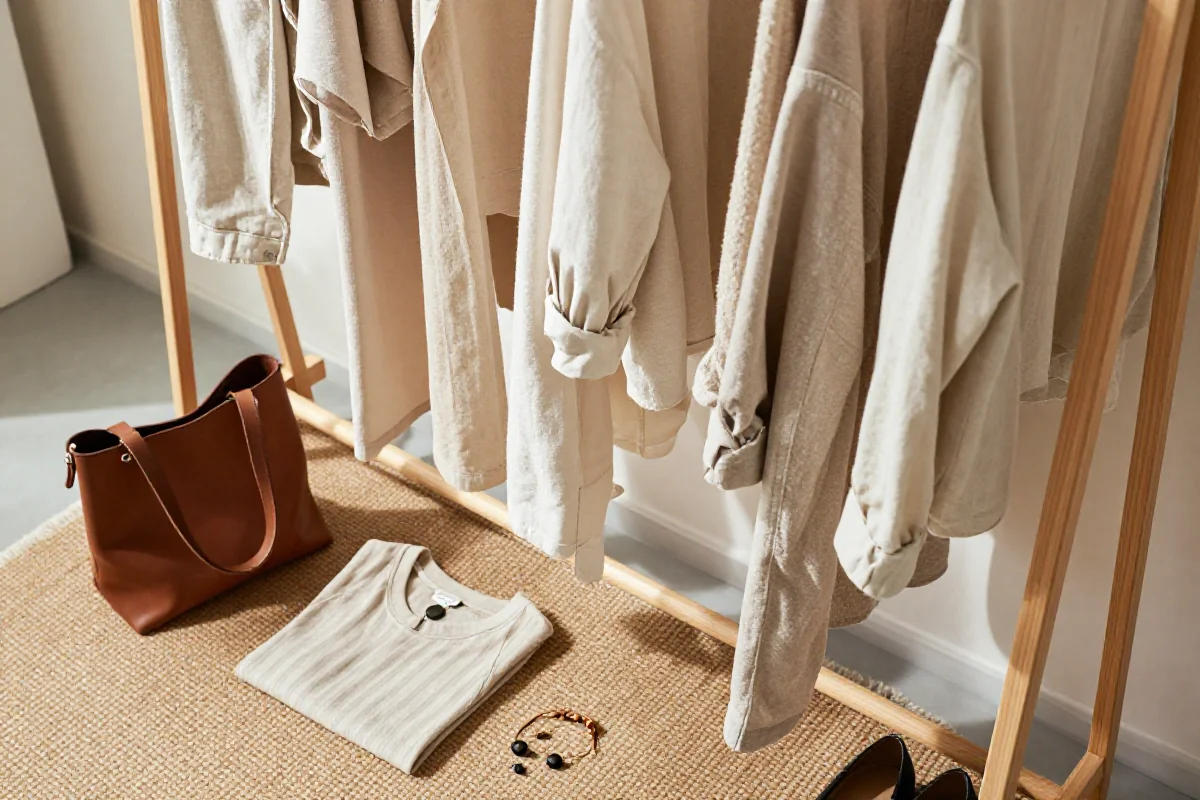 Zrównoważona garderoba z ekologicznymi ubraniami i dodatkami na neutralnym tle.